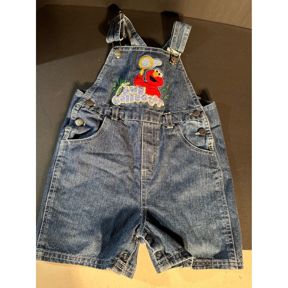 VTG Sesame Street Elmo Bug Collector Denim Overalls 24M Blue Cotton Shortalls